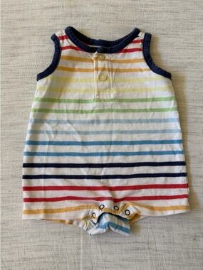 Primary Multicolor Striped Sleeveless Baby Romper with Navy Trim
